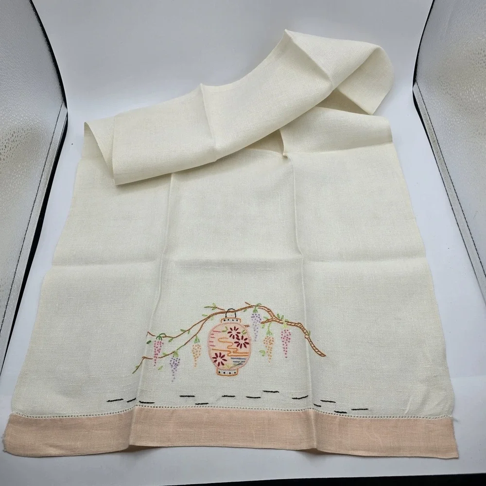 Vintage Embroidered Hand‎ Tea Towel Japanese Lantern Cottagecore